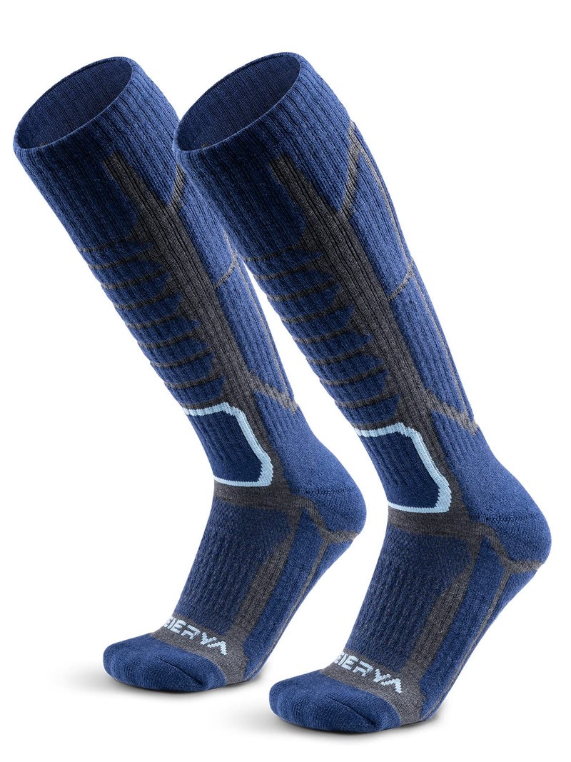 WEIERYA Merino Wool Ski Socks for Men & Women, Knee-High Winter Thermal Snowboarding Socks 2 - Pack Retro Blue Medium - Image 1